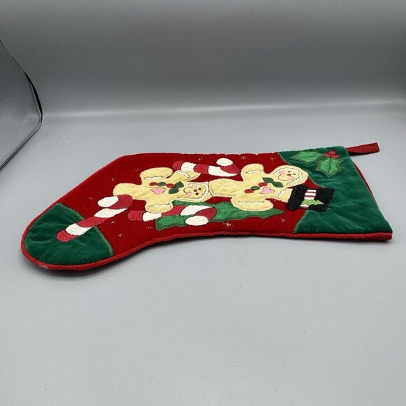 Vintage Gingerbread Kids Vevlety Christmas Stocking Candy Canes Holly Tree 16" L - Picture 7 of 8